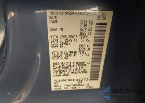 2011 Nissan Armada Sv from USA, damaged, VIN 5N1BA0NC9BN601272